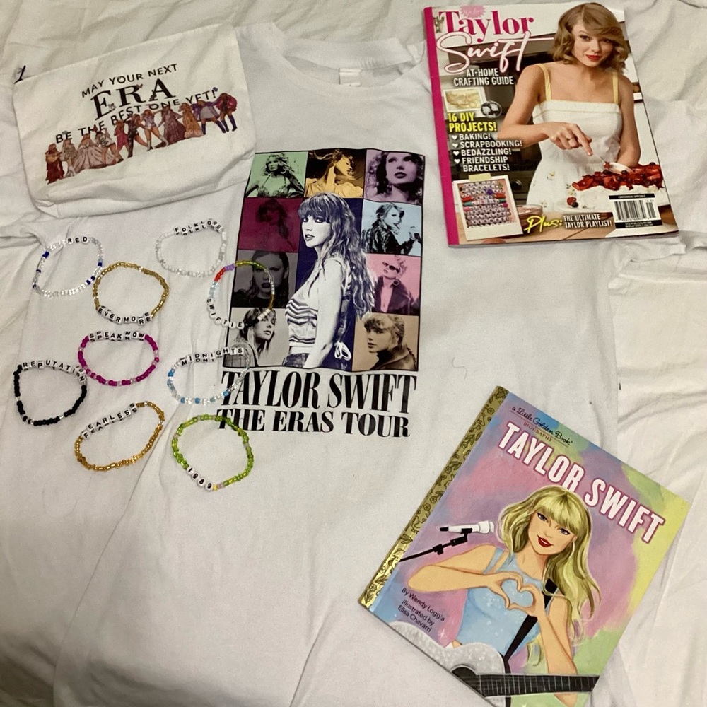 Taylor Swift bundle, shirt, bracelets, makeup bag, book, magazine